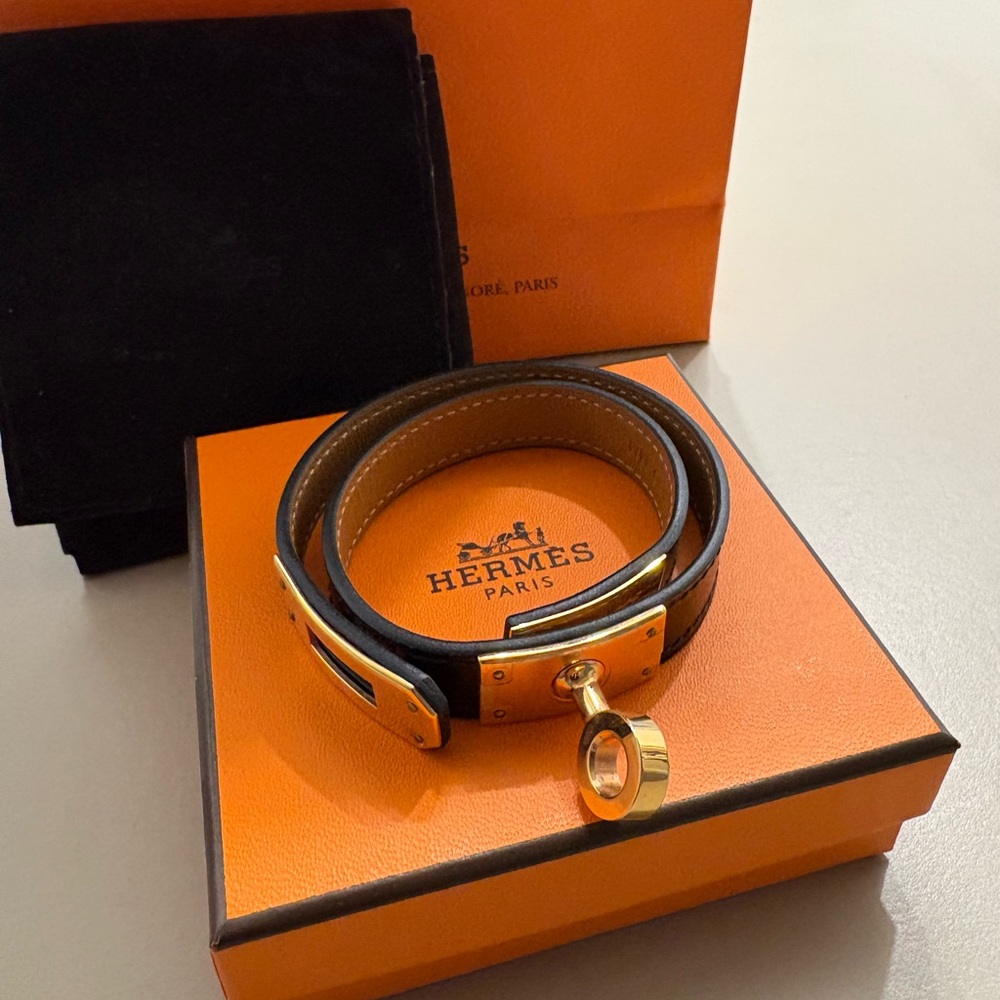 Hermes Kelly Double Tour Bracelet Black Leather and Rosegold T1